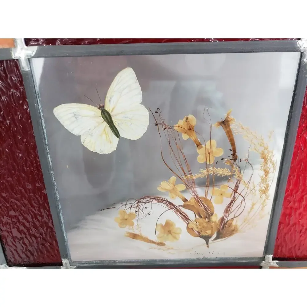 Vintage Real Butterfly Dried Pressed Flower Stained Glass Sun Catcher Decor Boho
